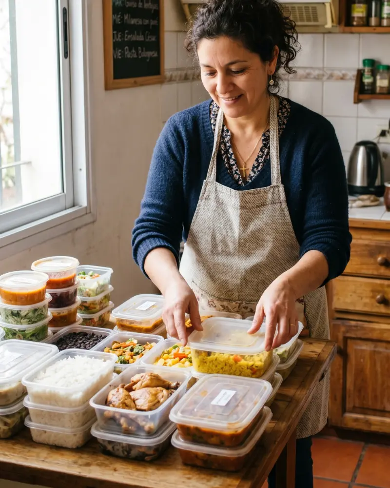 Mujer cocinando viandas en cocina hogareña